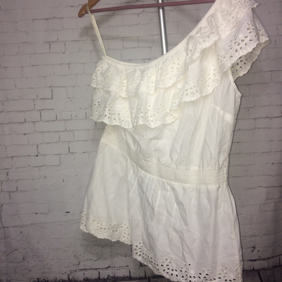 NWT White Cotton Ruffle Lace One Shoulder Blouse - Picture 6 of 6